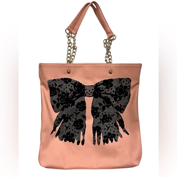 Betsey Johnson Handbags - Betsey Johnson Pink Tote with Black Lace Bow